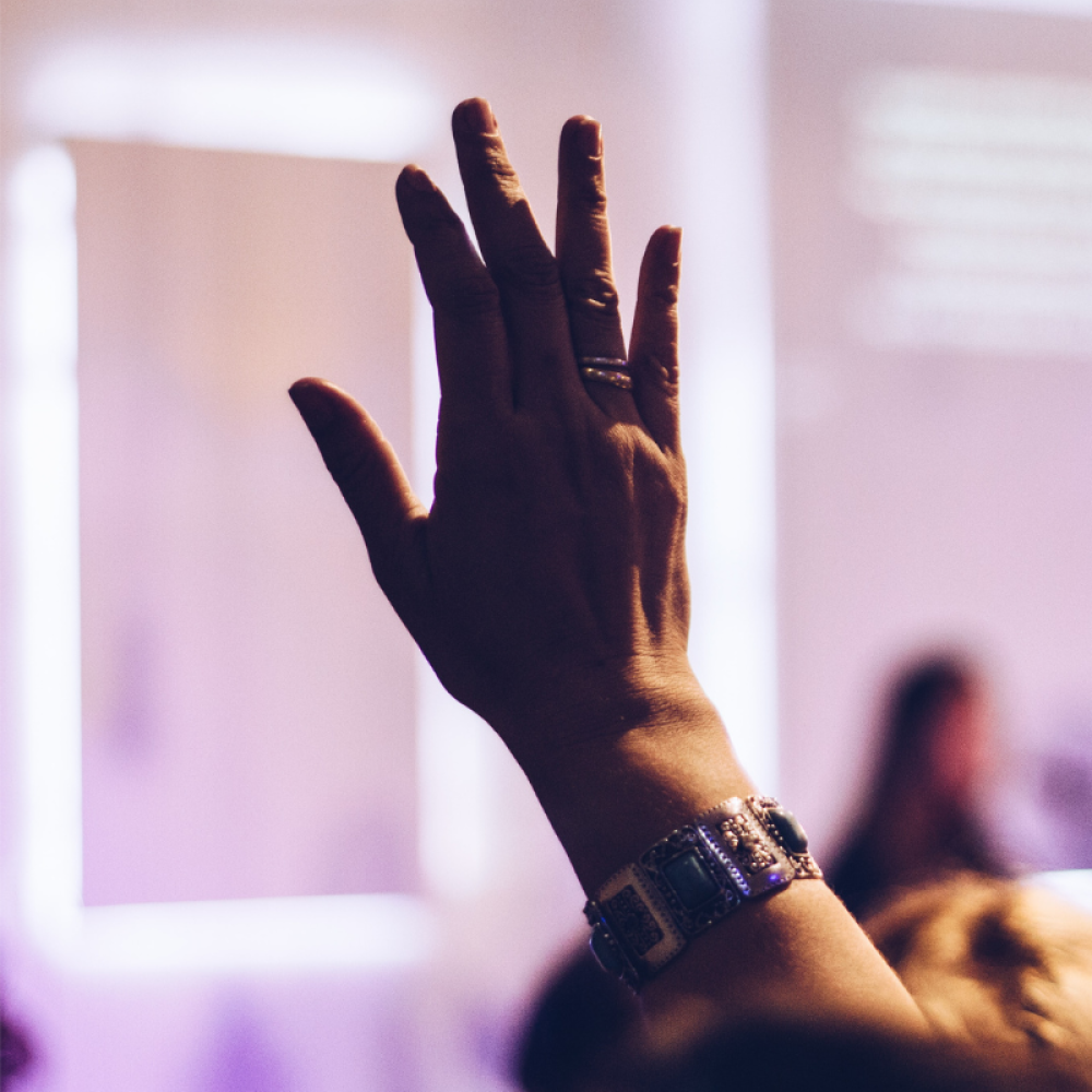 Person raising their hand in audience